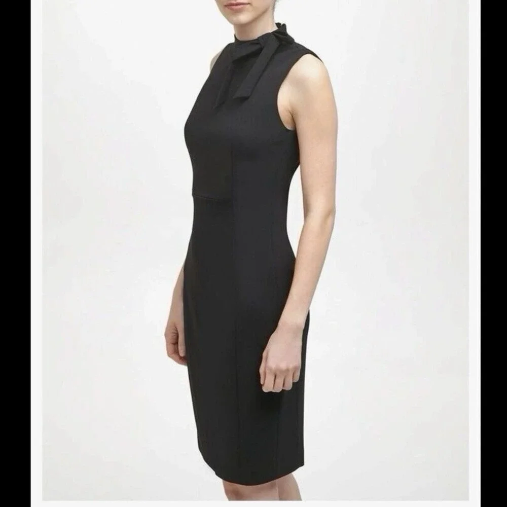 Calvin Klein Black Bow High Neck Sleeveless Stretch‎ Crepe Sheath Dress Size 8